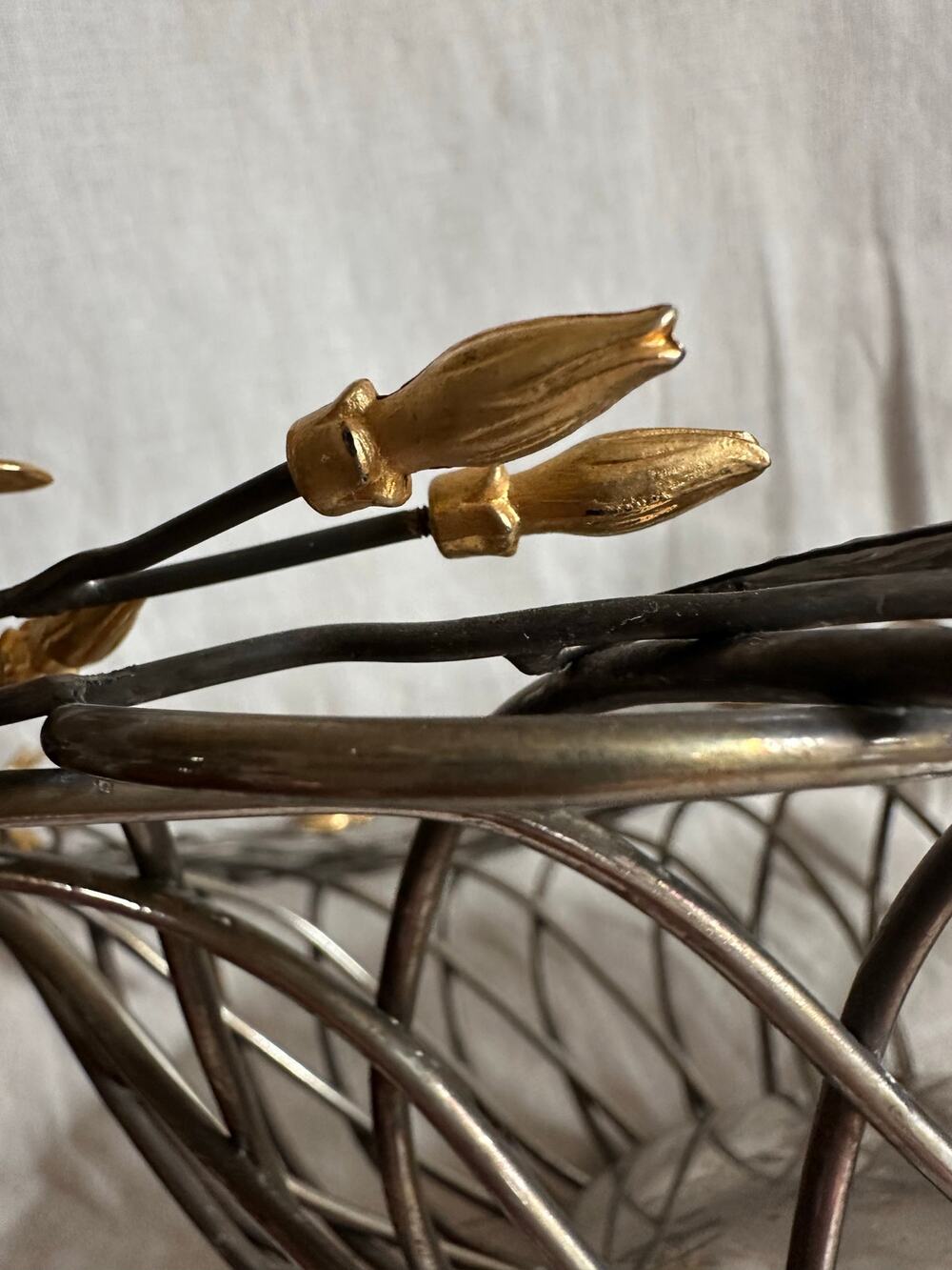 Vintage GODINGER Silver Plated Metal fruit Basket gold  Flowers Leaves Vine 12”